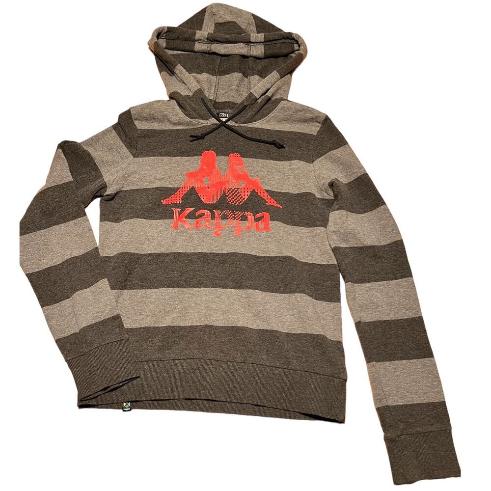 Kappa Pullover Hoodie Size L Two Tone Gray Stripe Pink Glitter Logo Cozy Lounge